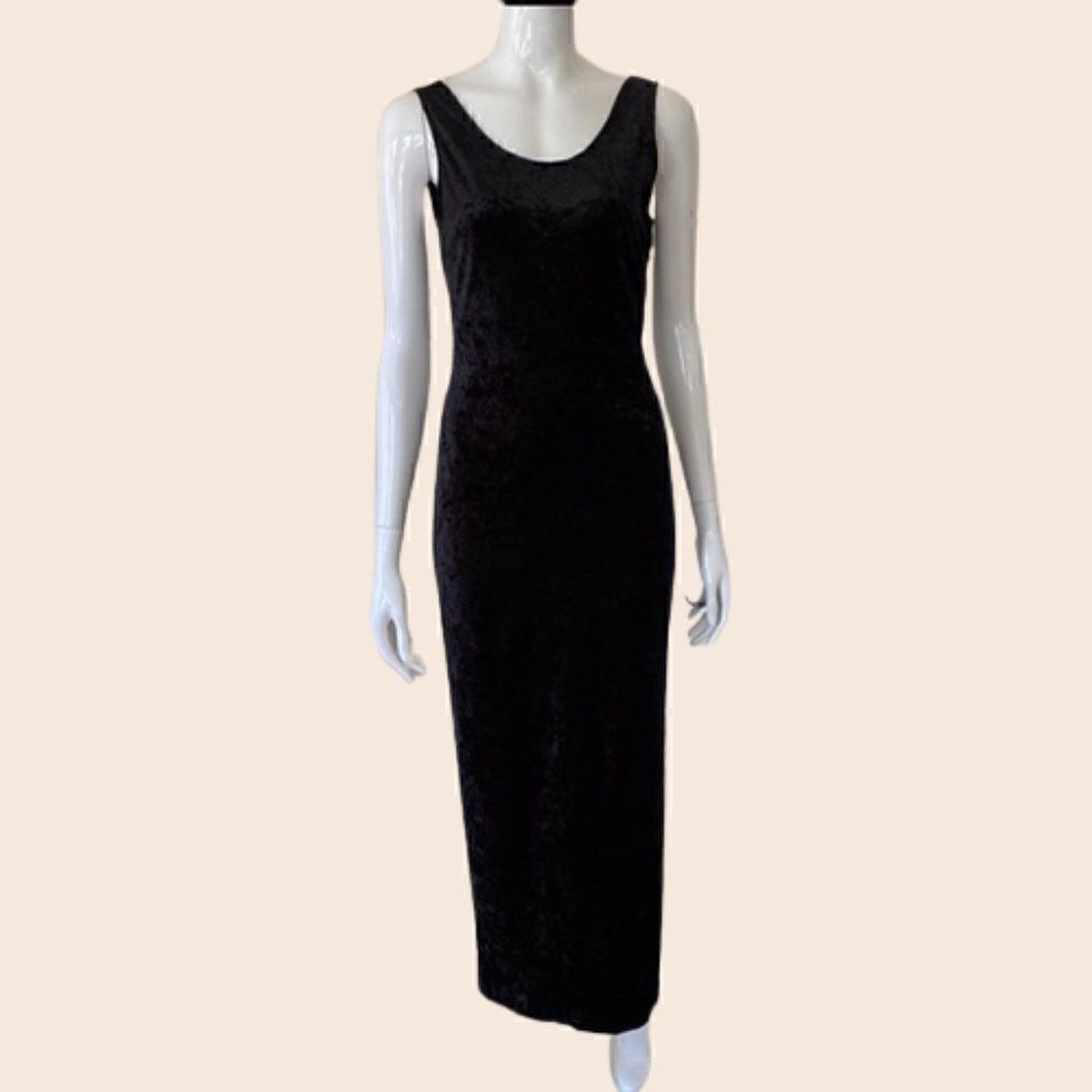 Vintage All That Jazz Black Velvet Maxi Dress with Thigh Split Size Medium